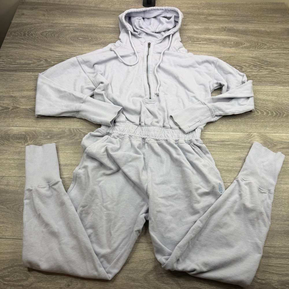 Free People Jumpsuit Women Medium Light Blue Oversized Lounge 1/4 Zip Tapered